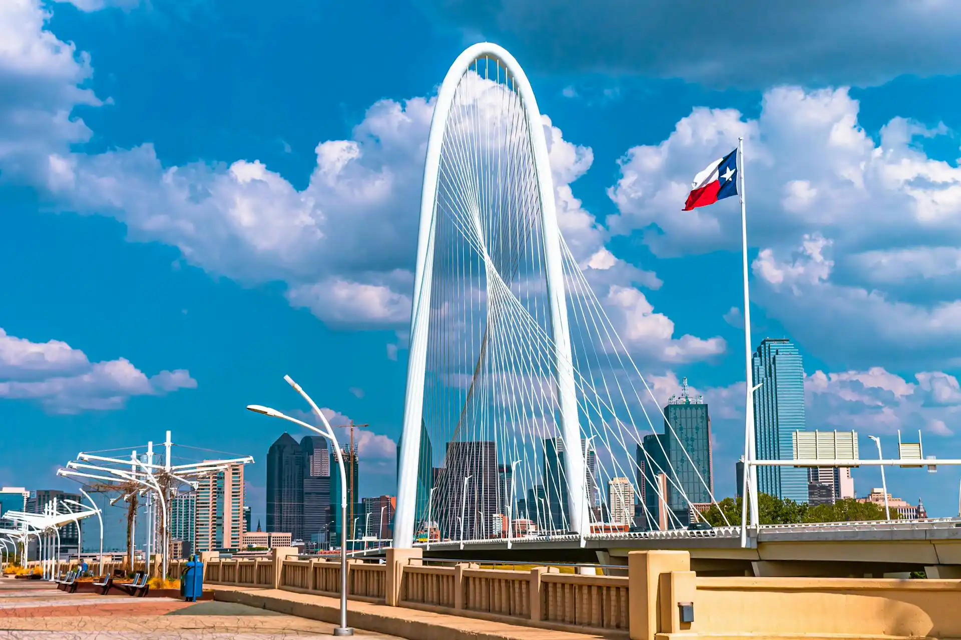 Margaret Hunt Hill Bridge with the Dallas skyline in the background.